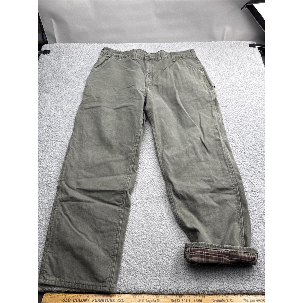 Carhartt B111-MOS Carpenter Pants 44 x 32 Green Flannel Lined Duck Canvas Work